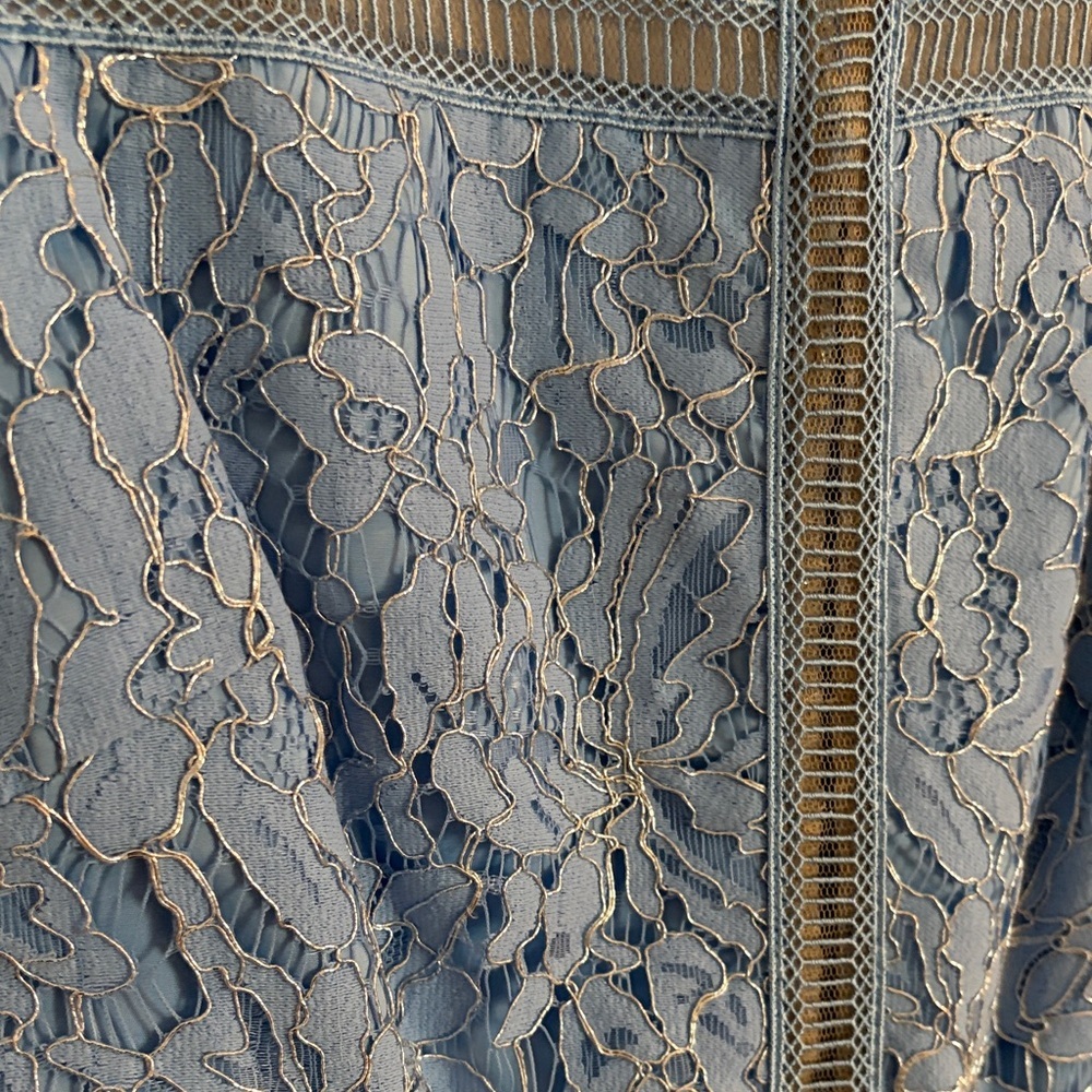 Adrianna Papell Light Blue Lace Sheath Dress | Sheer Mesh Neckline | Size 10 - Picture 5 of 6